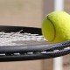 Tennisschläger balanciert Tennisball